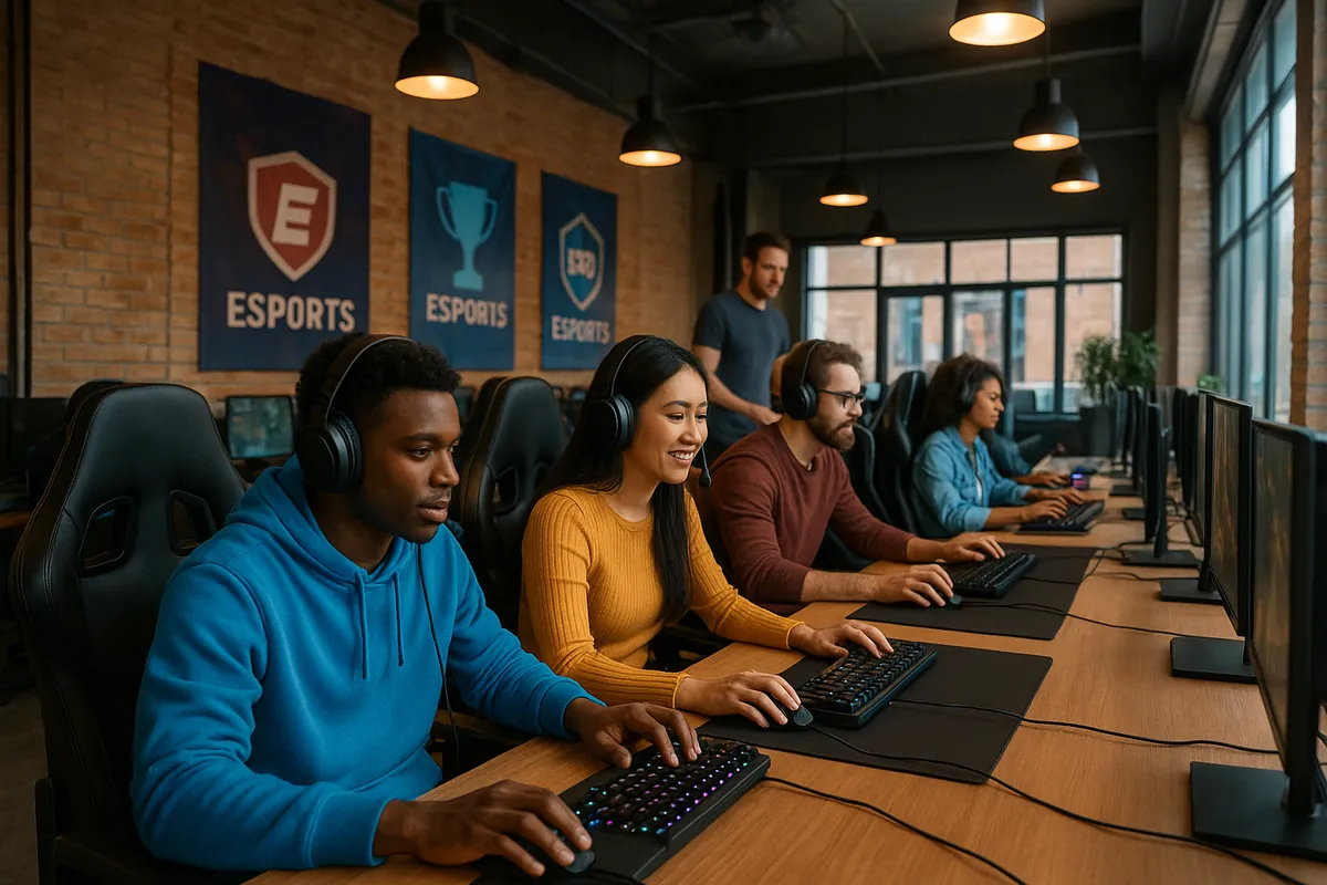 Players with headsets competing at PC stations in a gaming café with esports banners on the wall
